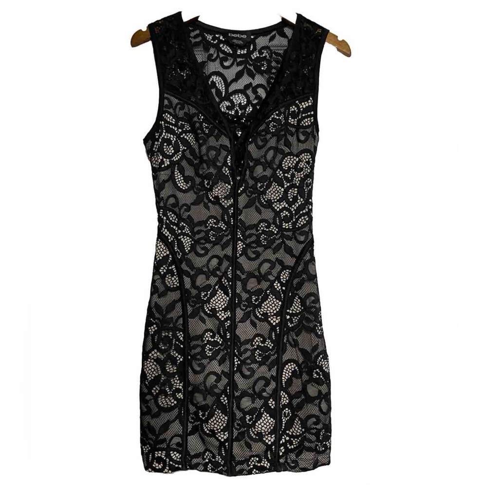 Vintage Y2K BEBE Women’s Black/Nude Lace Bodycon Mini Sheath Dress Sz XXS